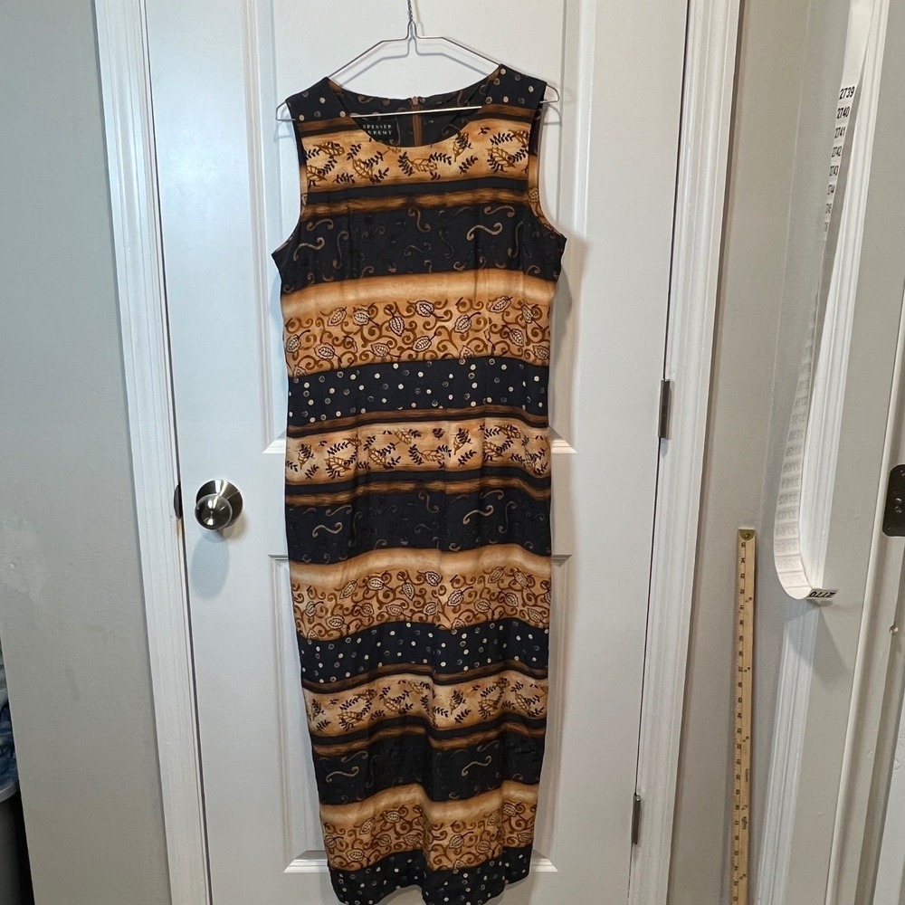 Spenser Jeremy Womens Dress Set 100% Silk Botanical Stripe Black Tan Size 10
